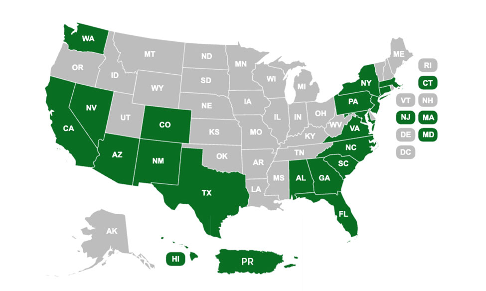 Map showing Indotronix aerospace and defense staffing delivery across 20 US states and Puerto Rico